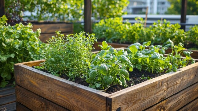 A sustainable urban rooftop garden filled with thriving green vegetables and herbs growing in wooden planters