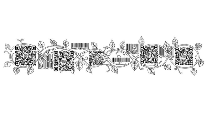 Decorative horizontal border with QR codes and leafy vines