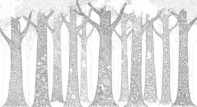 Decorative forest with intricate doodle patterns on tree trunks