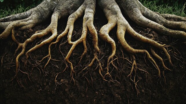 A symbolic image of intertwined tree roots beneath the soil representing the complex interrelation of nature
