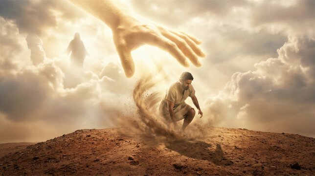 Giant hand of God forming man from dust on a desert hill. Biblical scene of creation in Genesis. Cinematic religious illustration depicting the origin of humanity through divine power.