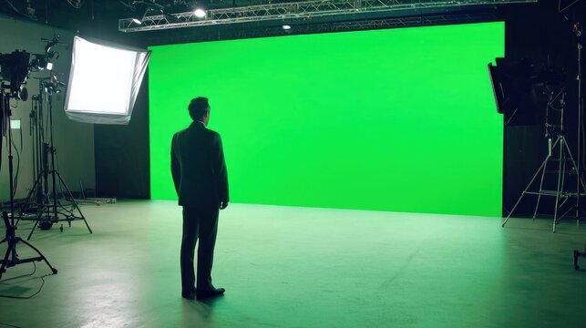 A weather forecaster stands confidently in front of a large green screen presenting the daily weather report on live television