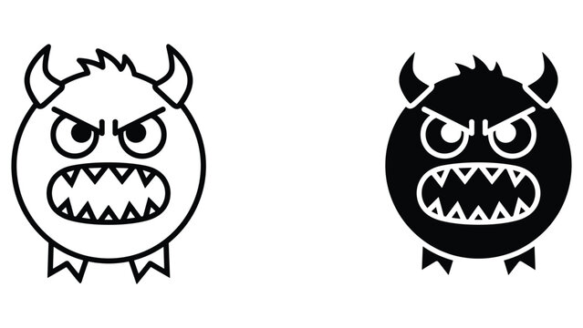 Angry little horned monster character with sharp teeth vector icon