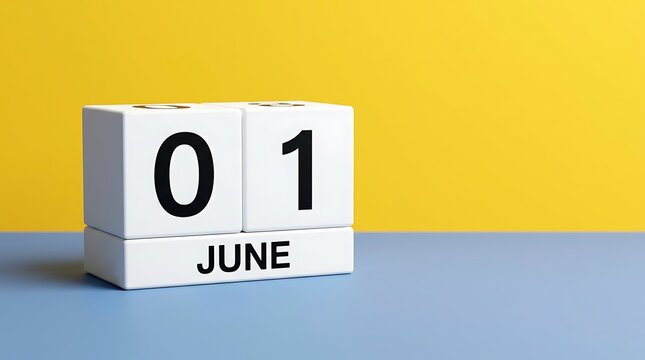 June first calendar blocks with bright yellow background indicating beginning of summer season and sunny days ahead welcoming new beginnings and vibrant energy outdoors.