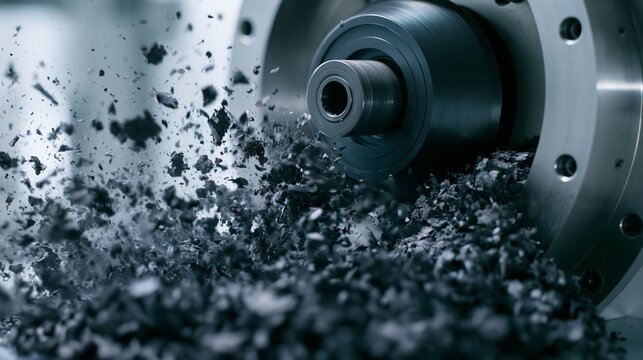 Medium shot of industrial jet mill finely grinding graphite flakes into ultrafine powder in controlled environment for batterygrade applications.