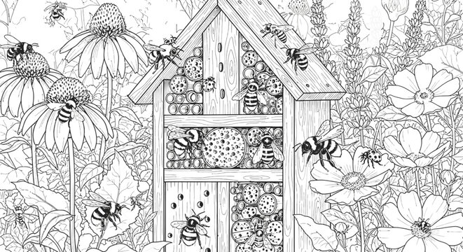 Detailed bee hotel illustration with flowers and pollinating insects