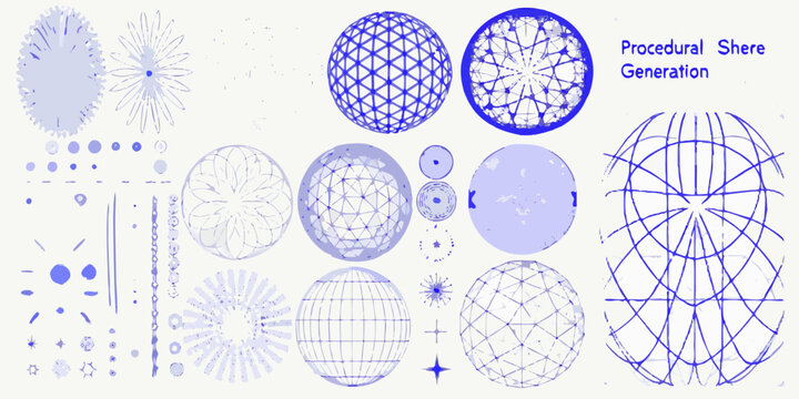 geometric sphere visualizations abstract blue line art on light background