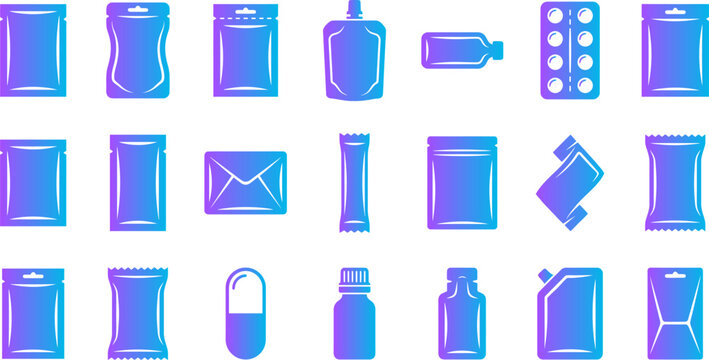 Packaging types abstract gradient icons collection product containers pouches bottles capsules.