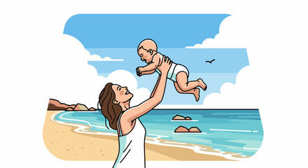 Obraz premium Joyful mother tosses baby in air on sunny beach with blue ocean and cloudy sky