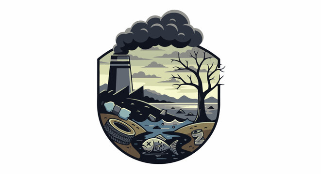 Industrial pollution pollutes a dead tree, dead fish, and a polluted lake, with trash scattered on the shore