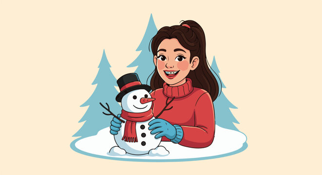 Joyful girl in a red sweater builds a snowman amidst winter trees, wearing braces