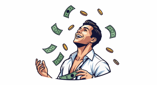 Joyful man laughing with money raining down around him
