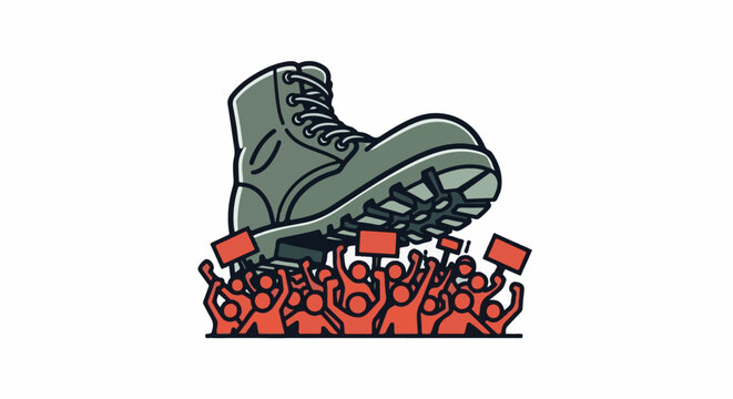 Large military boot looms over a protesting crowd of tiny figures holding signs