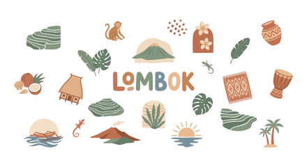 Lombok Indonesia travel collection with volcano rice terraces monkey and tropical elements on white © Dumai777