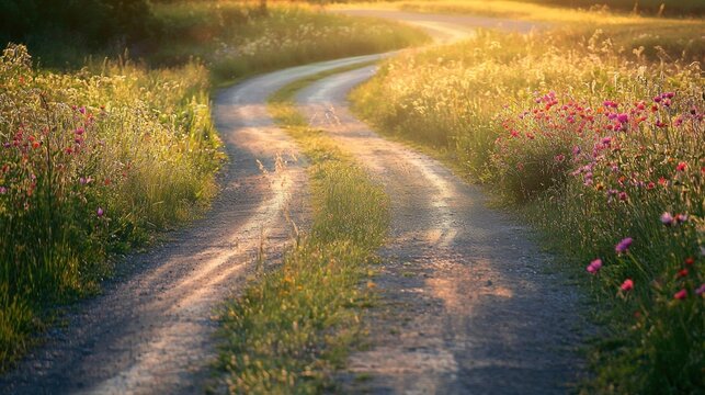 At a rural crossroads, a paved road splits into two paths surrounded by wildflowers and tall grass under warm sunlight