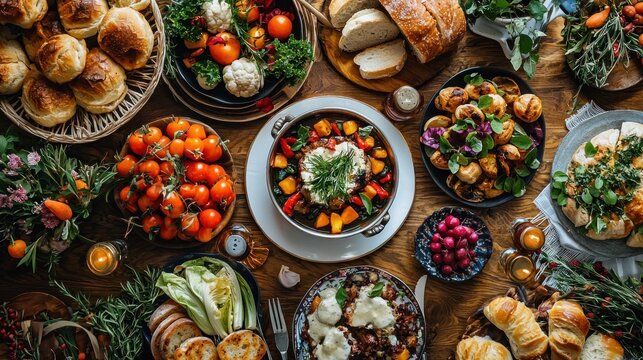 An overhead shot of a dinner spread with a shiny gravyboat at the center surrounded by colorful vegetables and bread rolls