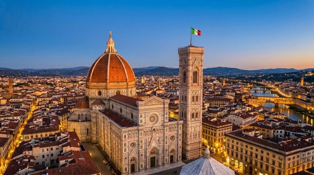 Breathtaking aerial twilight panorama of Florence, Italy, showcasing the illuminated Duomo cathedral, Giotto's Campanile, and the historic city skyline.