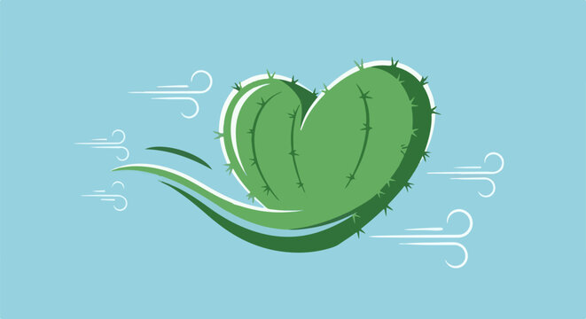 Green heart-shaped cactus with stylized wind gusts against a light blue background