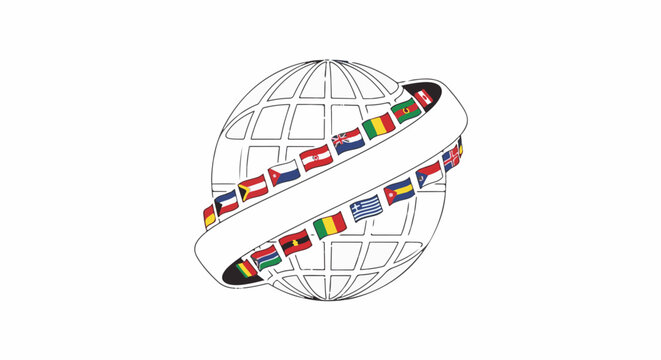 Globe encircled by a string of diverse international flags