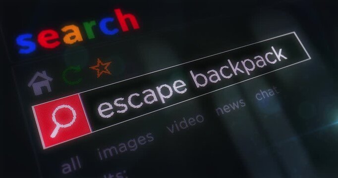 Escape pack text typing on browser screen. Searching internet with monitor pixel display macro view.