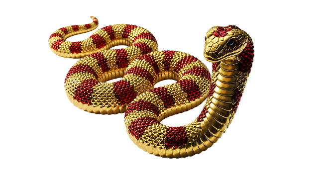 A coiled golden snake sculpture featuring alternating bands of polished yellow gold and textured red gemstone scales against a deep isolated on a transparent background