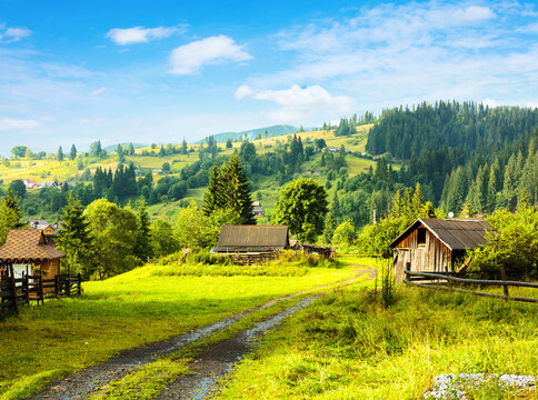 Beautiful  summer sunny morning after rain  in the Carpathian Mountains, Vorokhta, Ukraine.