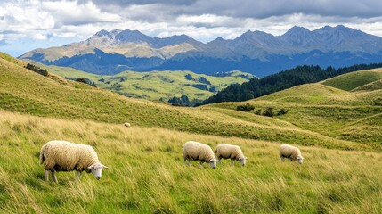 Fototapeta premium Sheep grazing on rolling hills covered in thick grass with distant mountains providing a dramatic natural backdrop