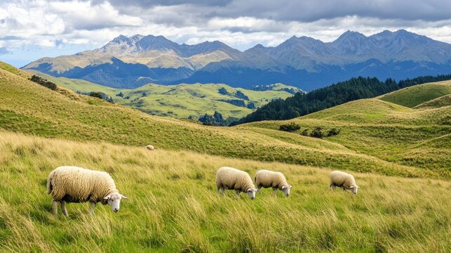 Sheep grazing on rolling hills covered in thick grass with distant mountains providing a dramatic natural backdrop