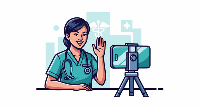 Friendly healthcare worker waves hello while recording with a phone on a tripod