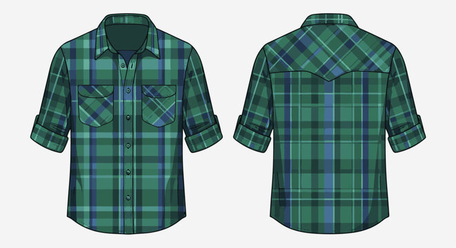 Front and back view of a green and blue plaid collared shirt with rolled sleeves
