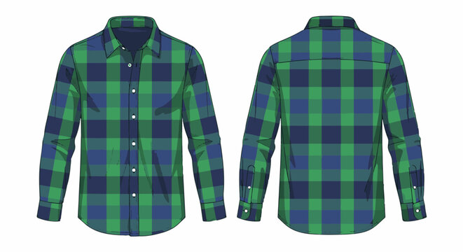 Front and back views of a long-sleeved, collared, button-up shirt with a green and blue plaid pattern