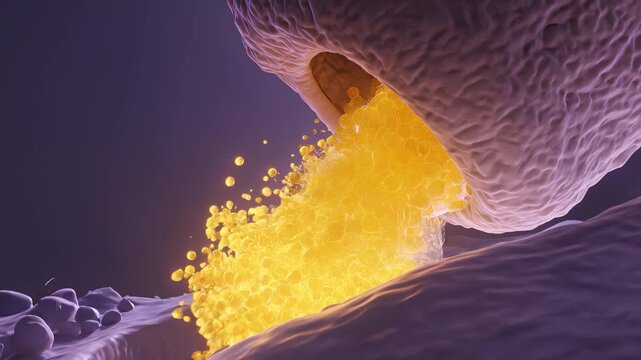 Synaptic vesicle releasing amber neurotransmitter molecules across a neural cleft toward receptor proteins in microscopic detail