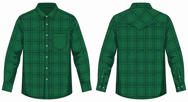 Front and back view of a long-sleeved, button-up shirt with a green plaid pattern