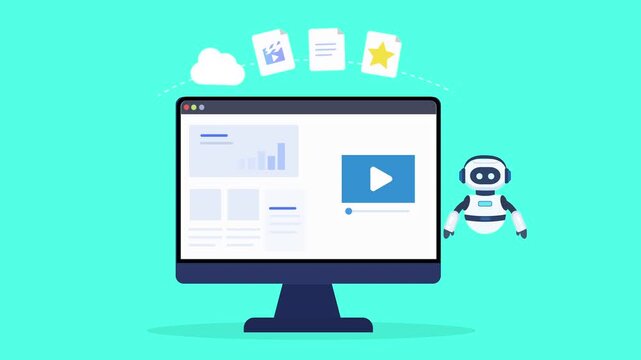 Animated AI content creation illustration featuring a computer interface, media elements, cloud icons, and a robotic assistant in a smooth looping technology scene.