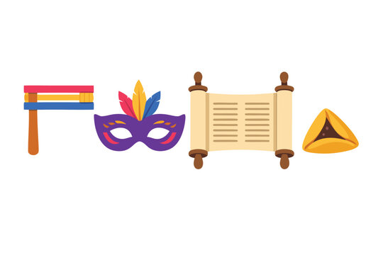 Purim Jewish Holiday Symbols Set Featuring Colorful Grogger Noisemaker, Carnival Mask with Feathers, Megillah Esther Scroll, and Traditional Hamantaschen Cookie, Flat Vector Illustration on White