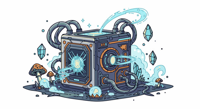 Futuristic cubic device with pipes, crystals, and mushrooms generating glowing energy
