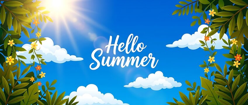 Hello summer text over blue sky with sun and clouds and green leaves with small flowers for season greeting.
