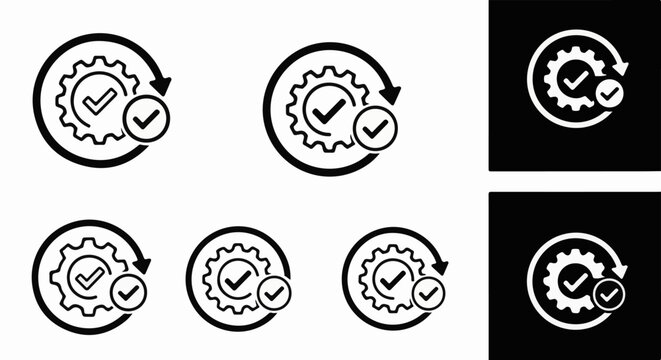 Gear with checkmarks and circular arrow, representing process completion or efficiency