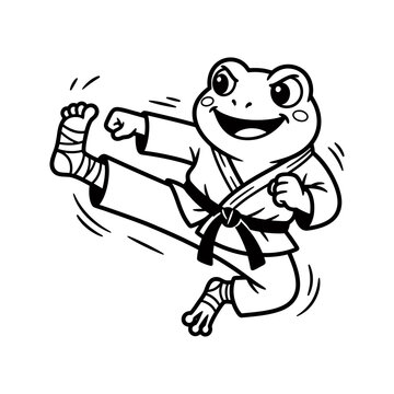 Cartoon karate frog character in a gi performing a high kick in a black and white illustration martial arts animal fighter animal sport animal training animal actio
