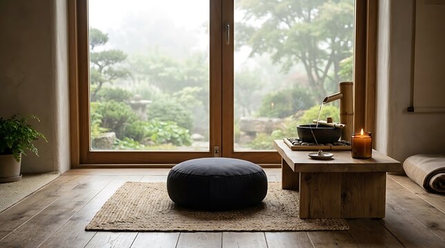 Serene Zen Meditation Room with Zafu Cushion and Garden View