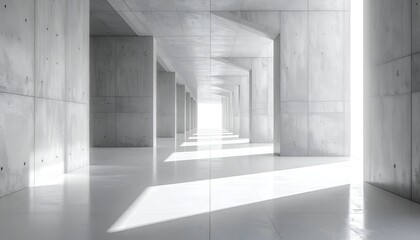 Fototapeta premium Concrete corridor with pillars, bright light at end, glossy floor reflection