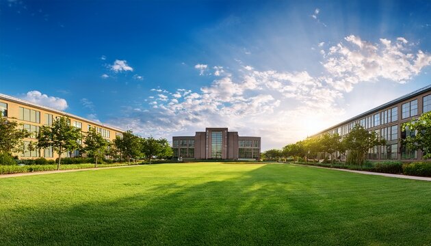 beautiful campus scenery featuring academic building and green lawn under a sunny sky landscape photo
