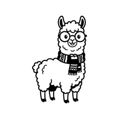 Fototapeta premium Cute cartoon llama wearing glasses and a striped scarf with spectacles illustration character adorable accessories whimsical friendly domestic creature