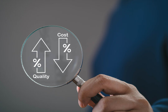 Cost and quality balance concept with magnifying glass analyzing percentage arrows, highlighting trade off, financial efficiency, value optimization, pricing strategy, business decision making process