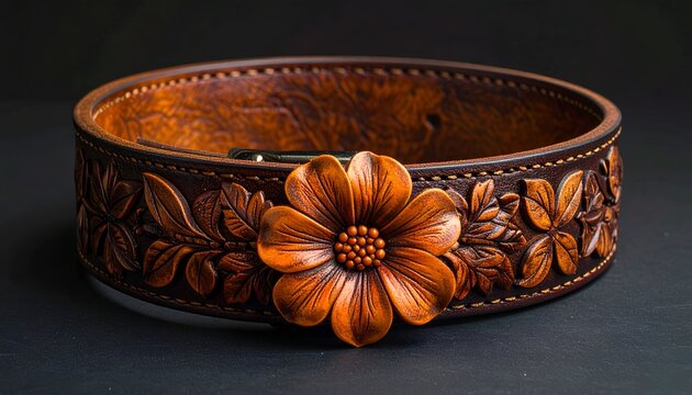 Ornate brown leather collar with floral carving, set against dark background