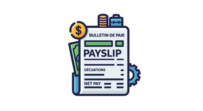 Flat illustration of a payslip with money, coins, and a briefcase