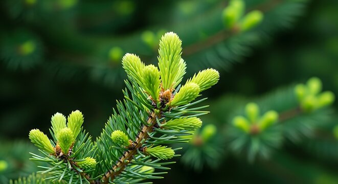 Fresh green new growth on a spruce tree branch in spring forest light