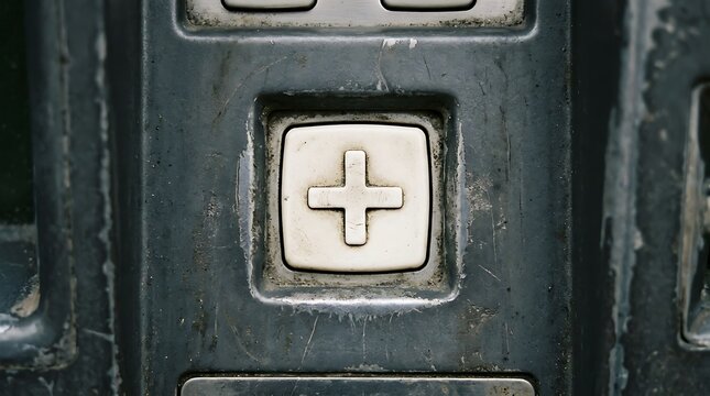 Close-up of a weathered white plus button on an industrial machine