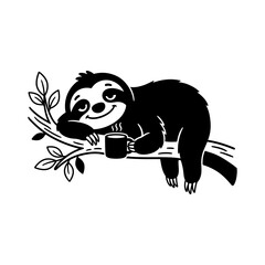 Fototapeta premium Relaxed cartoon sloth hanging from a tree branch holding a steaming mug of coffee and smiling black and white line art character beverage illustration monochrome