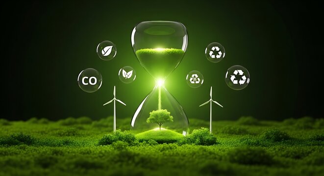 Future of clean energy and natural growth represented by an hourglass on green landscape